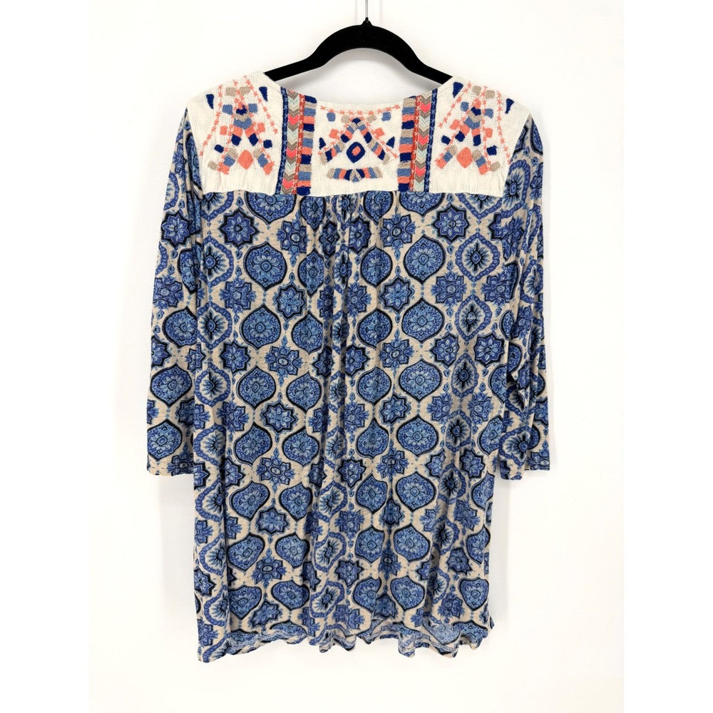 Lucky Brand Peasant Top Embroidered Medallion 2X Blue Boho Tassel Tunic - Picture 5 of 7